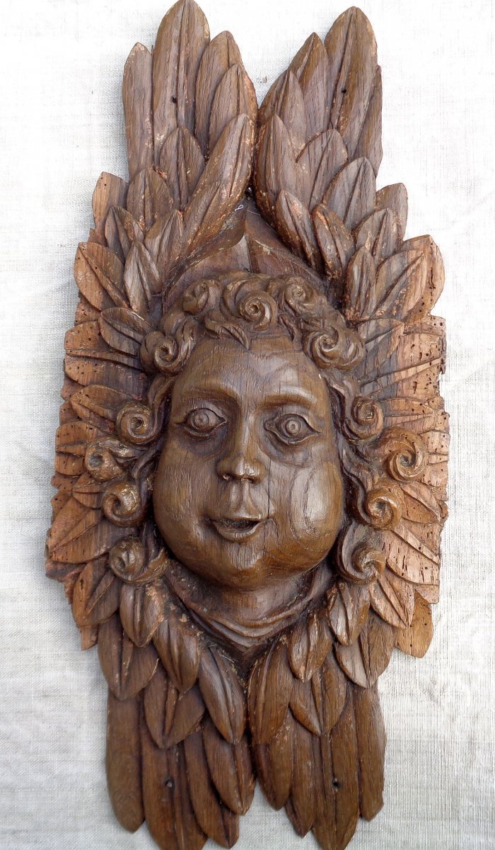 (b) Angel Head In Oak Paneling. Burgundy XVII Th.-photo-3