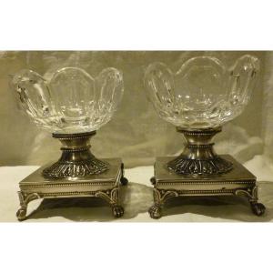 Pair Of Salt Cellars From The Restoration Period In Silver And Crystal.