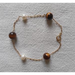 18 Kt Yellow Gold Bracelet, Cultured Pearls And Tiger’s Eye Beads 