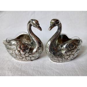 Pair Of Swan Salt Cellars In Solid German Silver By Goldsmith Breidenstein & Renaud 1889-1920