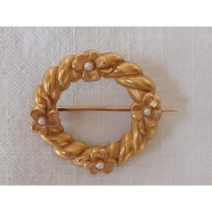 18kt Yellow Gold Brooch With Crown Of Bread Or Brioche, Clovers And Pearls