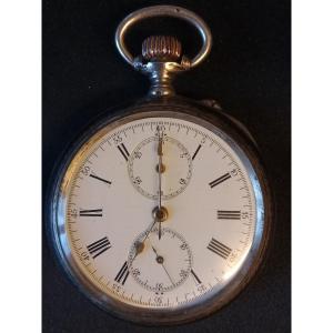 Longines Chronograph Pocket Watch In Niello Silver With Japanese Decoration. Circa 1900