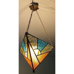 Freemasonry. Three-sided Stained Glass Chandelier, From The Estate Of A Brother.