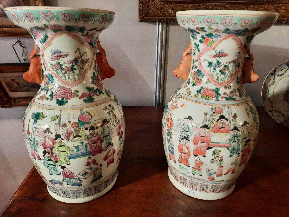 Paire De Vases En Porcelaine  De Canton( Chine) Fin 19ème  Siècle -photo-2