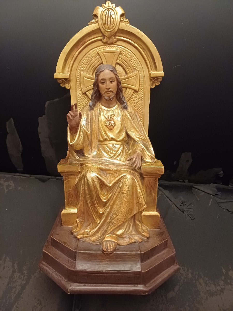 Très  Beau Christ Bénissant En Bois Doré Fin 19 ème  Maison Roses Barcelone