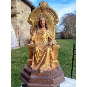 Very Beautiful Blessing Christ In Gilded Wood End Of 19th Century Maison Roses Barcelona