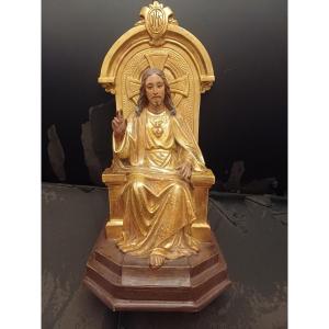 Très  Beau Christ Bénissant En Bois Doré Fin 19 ème  Maison Roses Barcelone