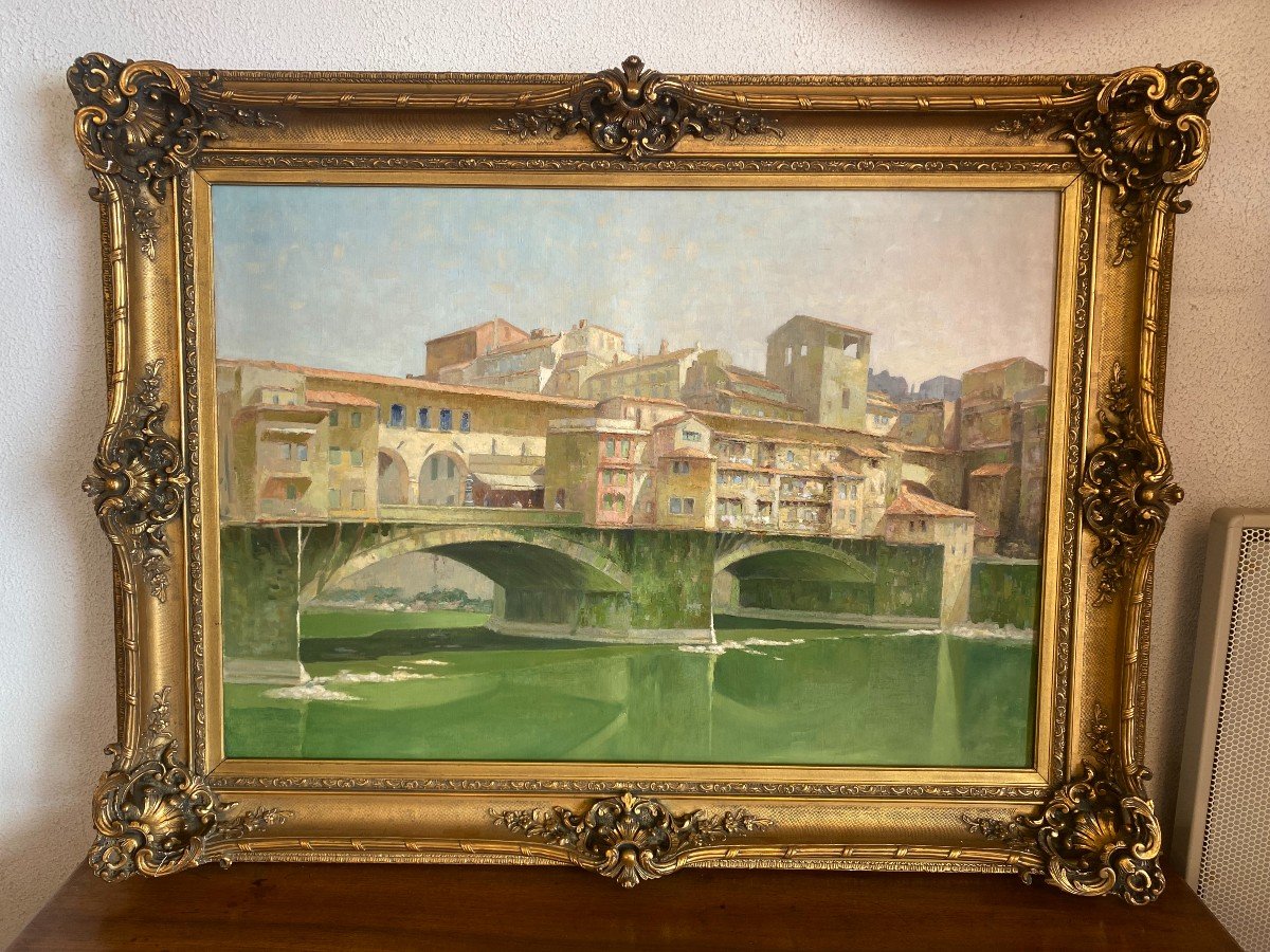 Oil On Canvas Representing The Ponte Vecchio In Florence