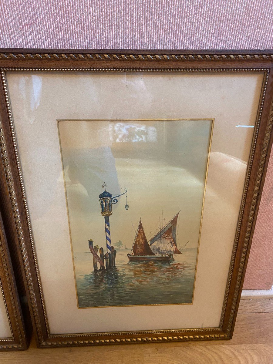 Pair Of Watercolors On Venice, Signed F.janningros. In A Perfect State.-photo-3