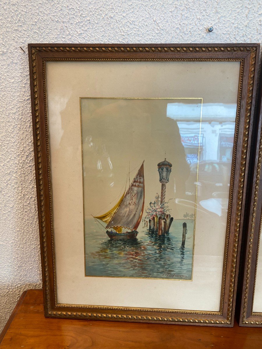 Pair Of Watercolors On Venice, Signed F.janningros. In A Perfect State.-photo-4