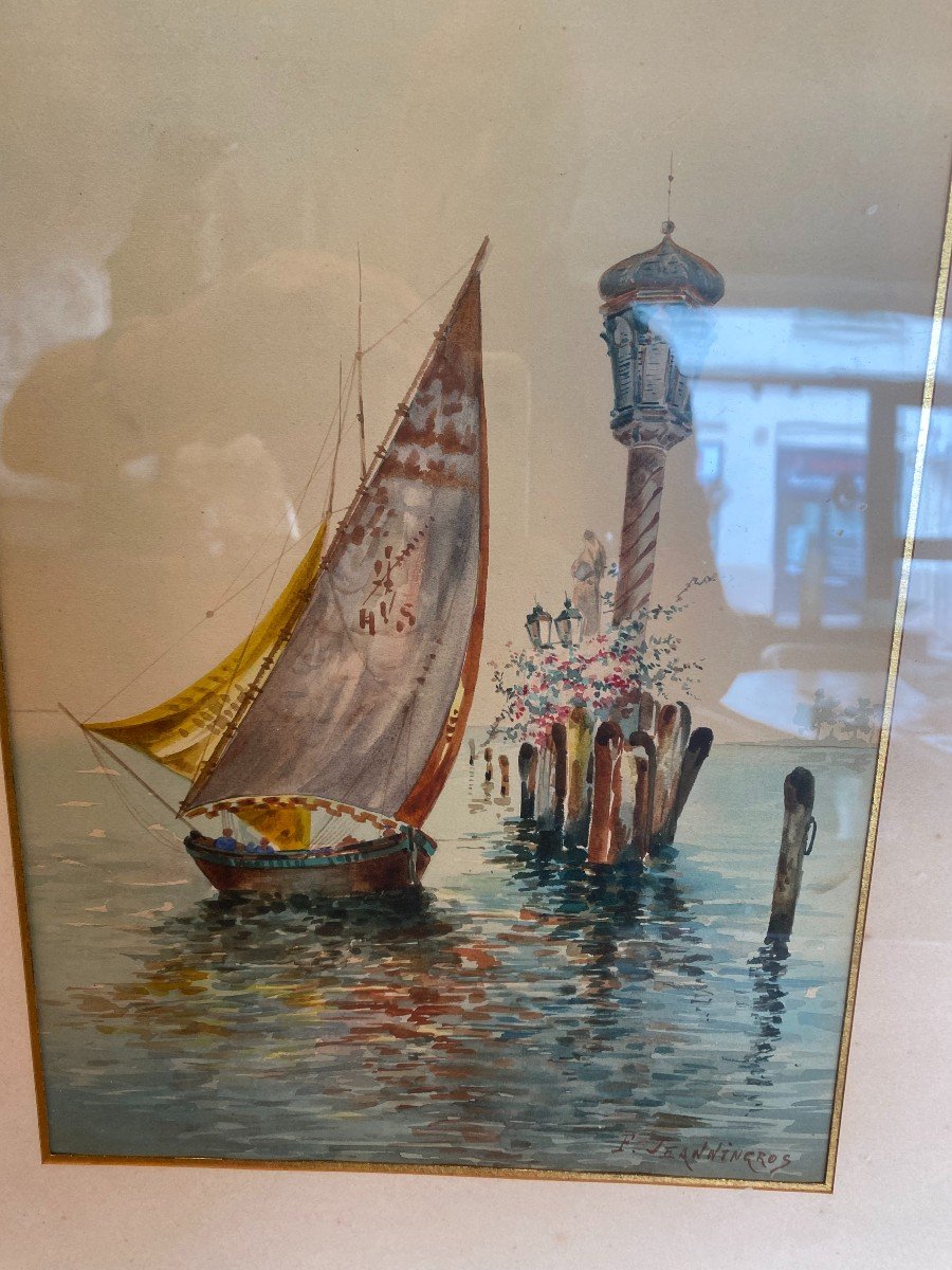 Pair Of Watercolors On Venice, Signed F.janningros. In A Perfect State.-photo-1