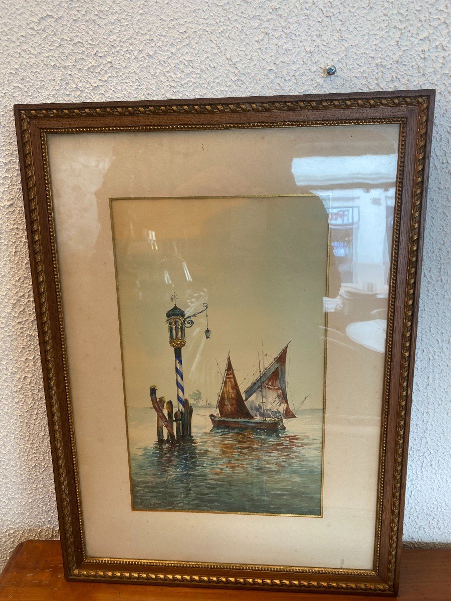 Pair Of Watercolors On Venice, Signed F.janningros. In A Perfect State.-photo-3