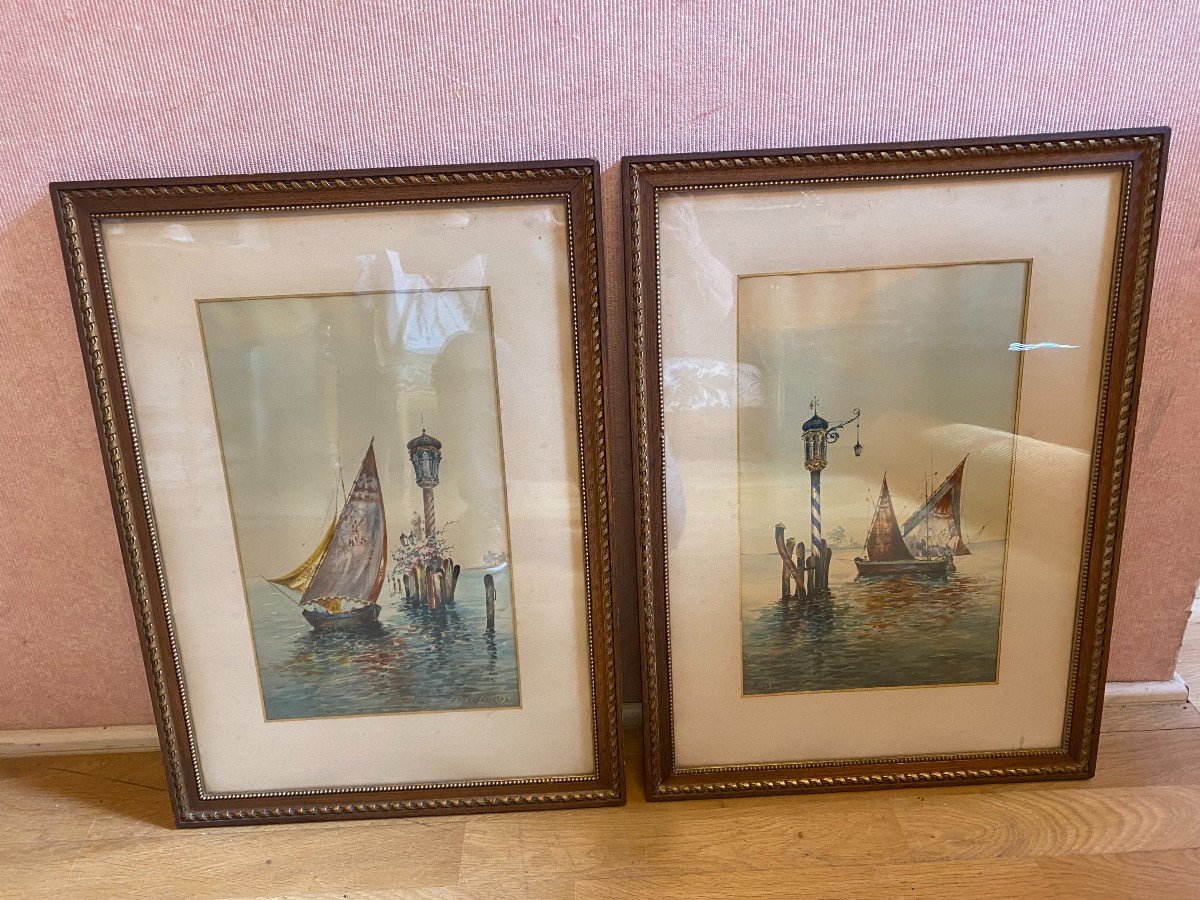 Pair Of Watercolors On Venice, Signed F.janningros. In A Perfect State.