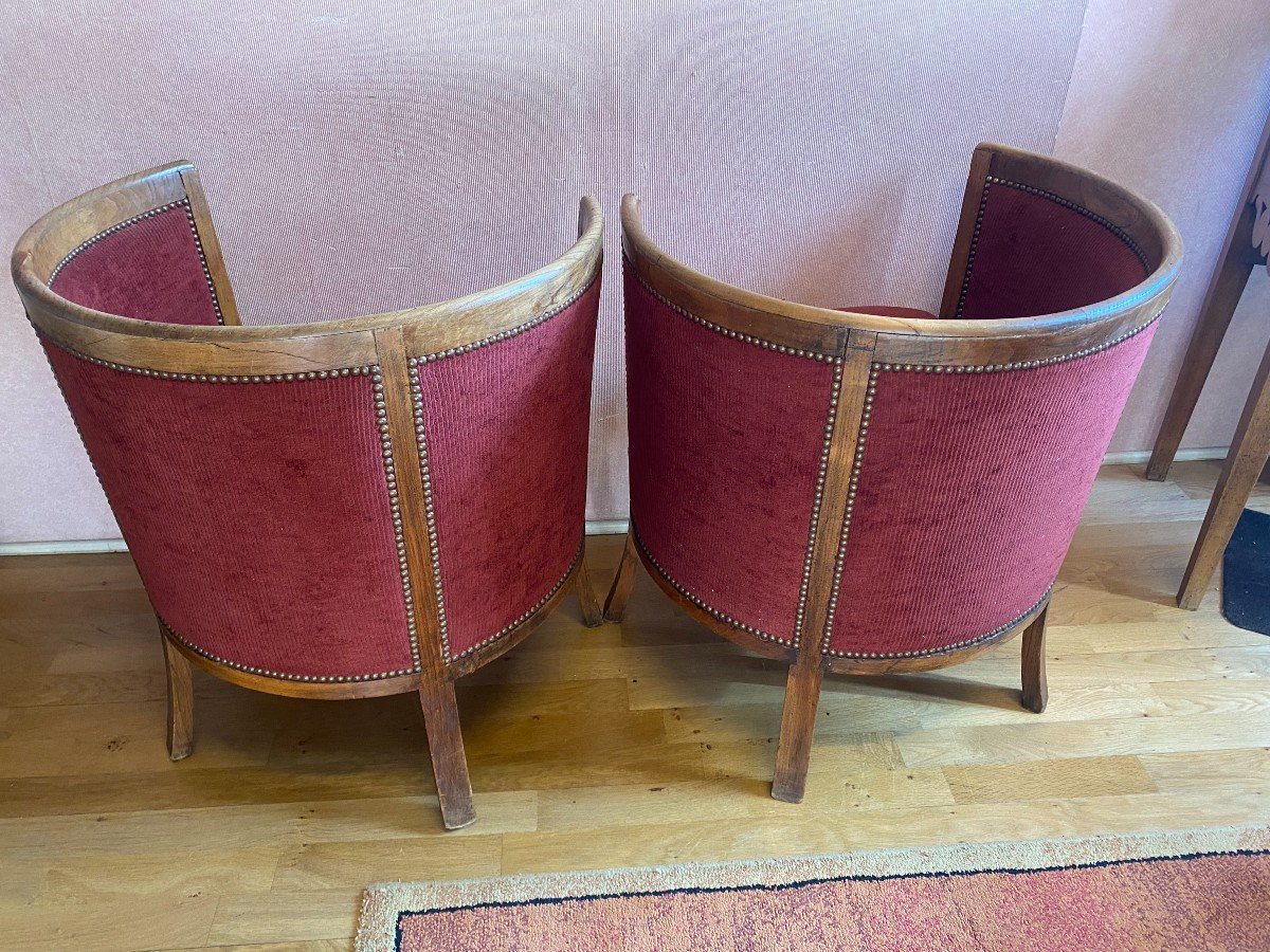 Pair Of Barrel Armchairs In Ash And Burgundy Velvet.-photo-4