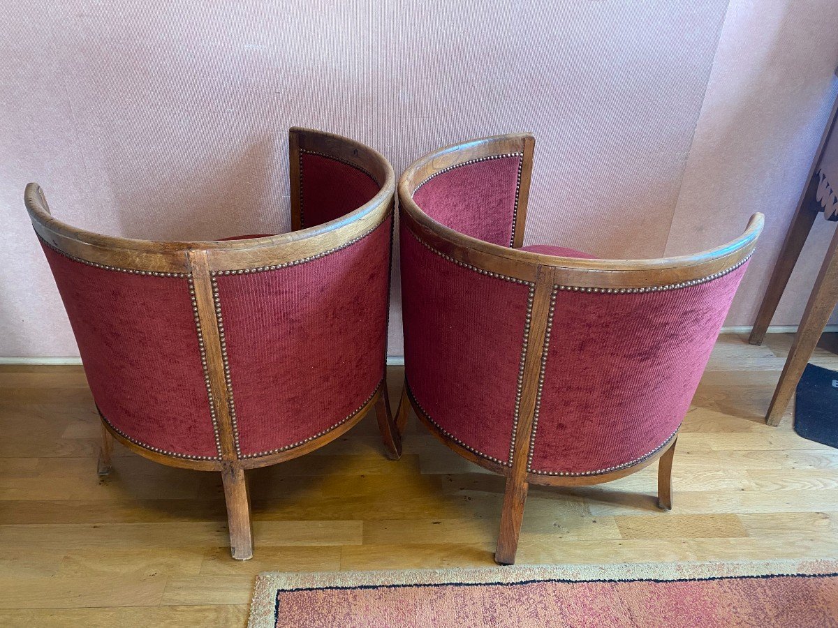 Pair Of Barrel Armchairs In Ash And Burgundy Velvet.-photo-1