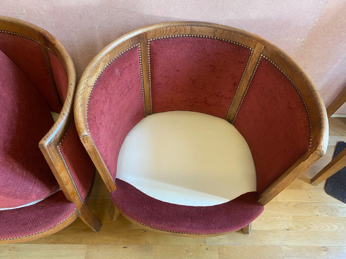 Pair Of Barrel Armchairs In Ash And Burgundy Velvet.-photo-2