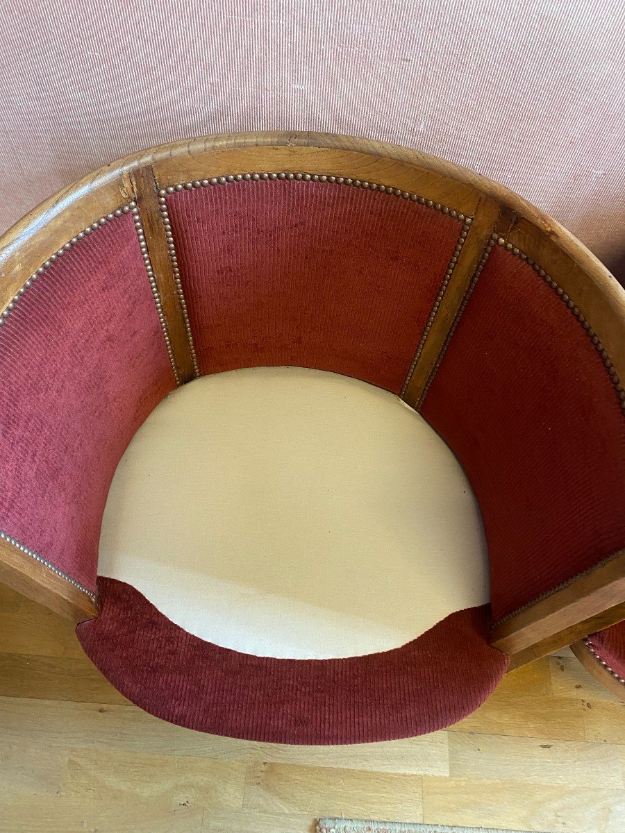 Pair Of Barrel Armchairs In Ash And Burgundy Velvet.-photo-7