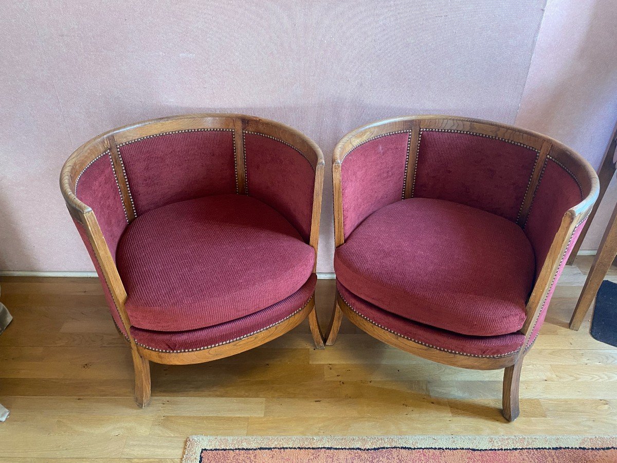 Pair Of Barrel Armchairs In Ash And Burgundy Velvet.