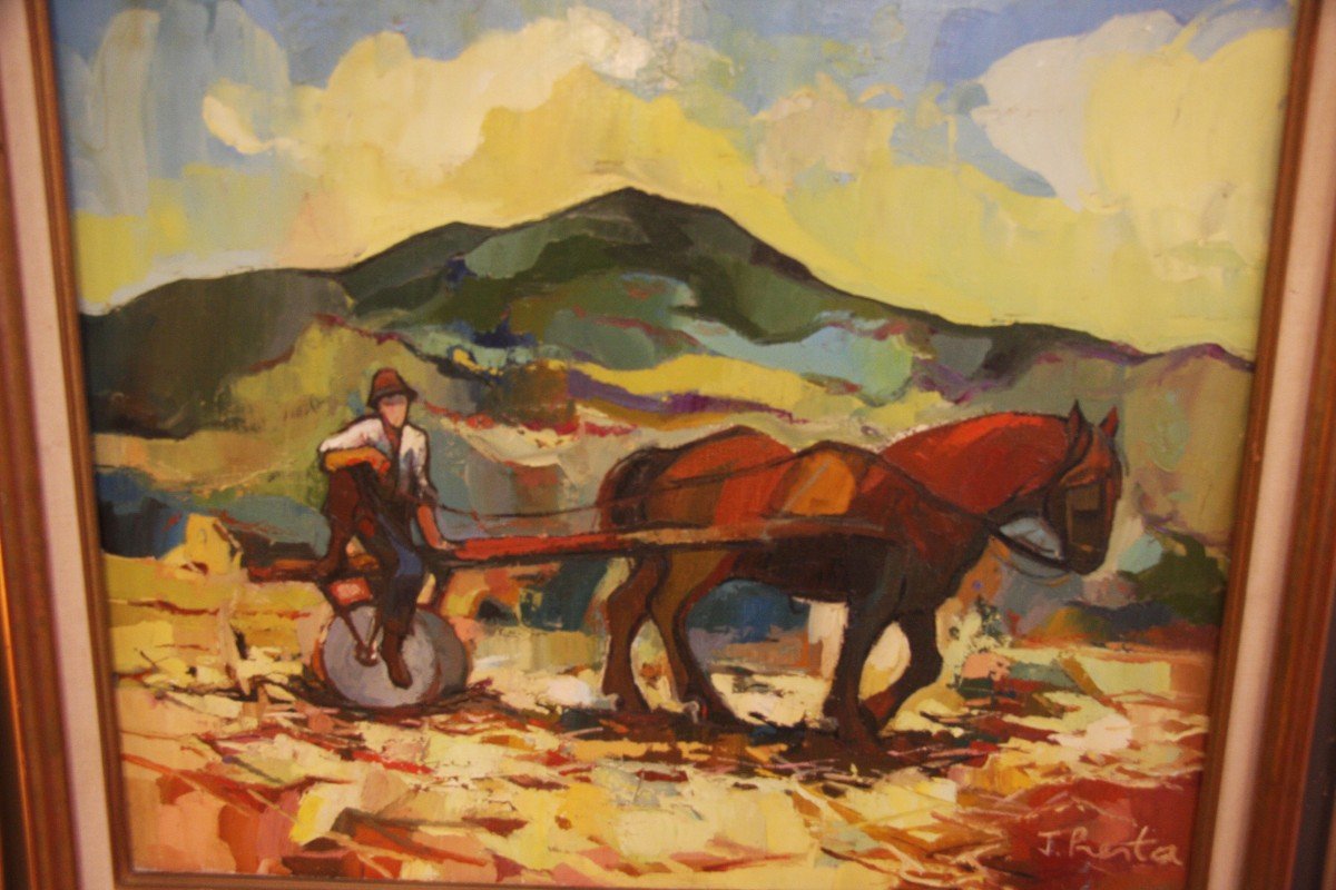 Oil On Canvas By Jean Presta. Field Scene.-photo-5