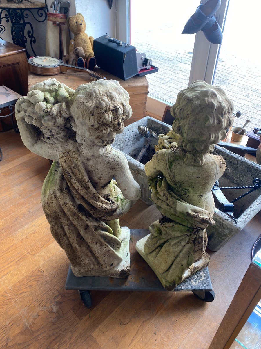 Pair Of Cherubs In Reconstructed Stone, Carrying A Basket Of Fruits.-photo-2