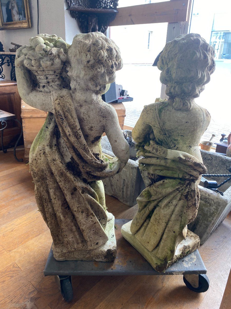 Pair Of Cherubs In Reconstructed Stone, Carrying A Basket Of Fruits.-photo-3