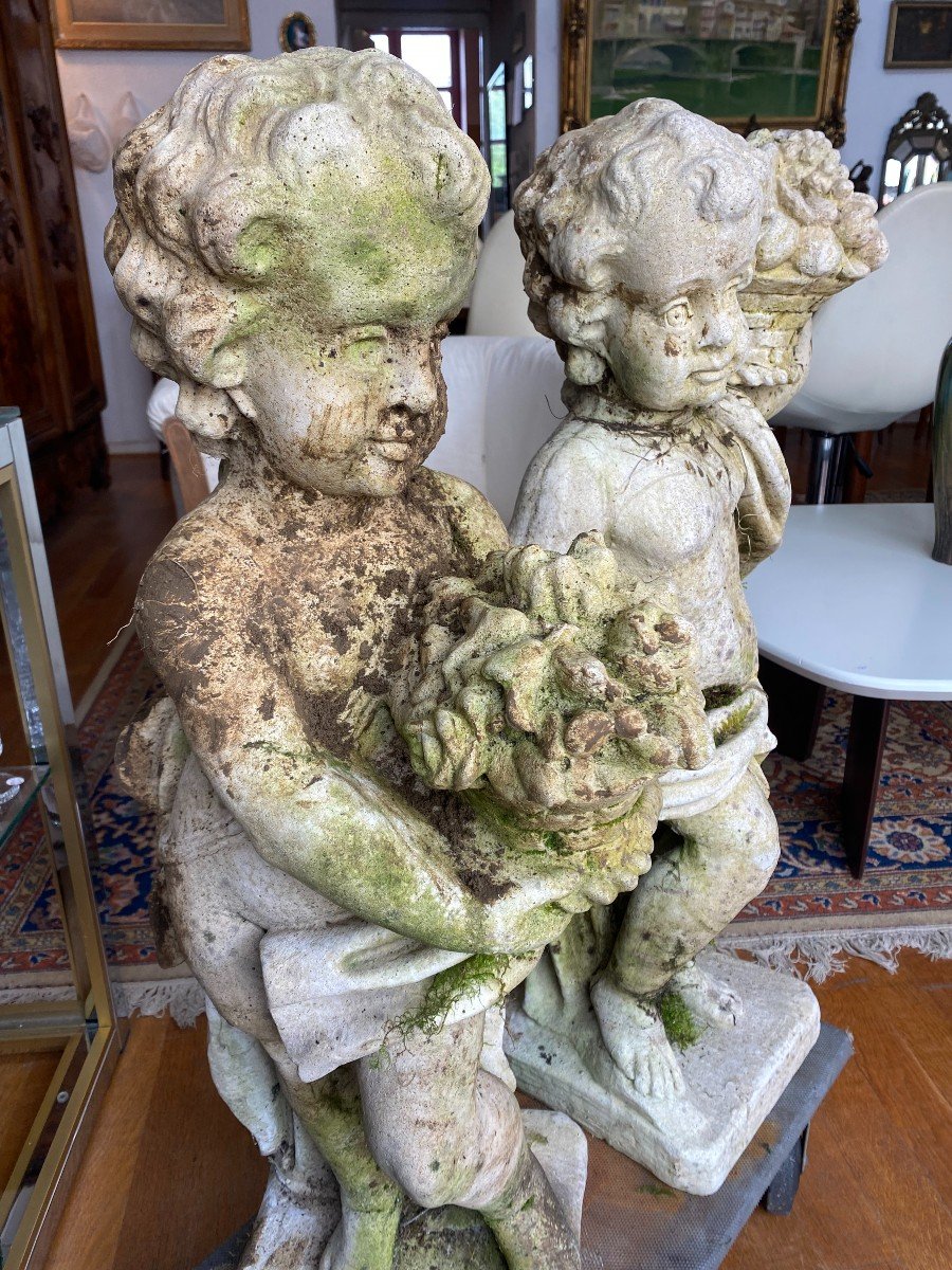 Pair Of Cherubs In Reconstructed Stone, Carrying A Basket Of Fruits.-photo-3