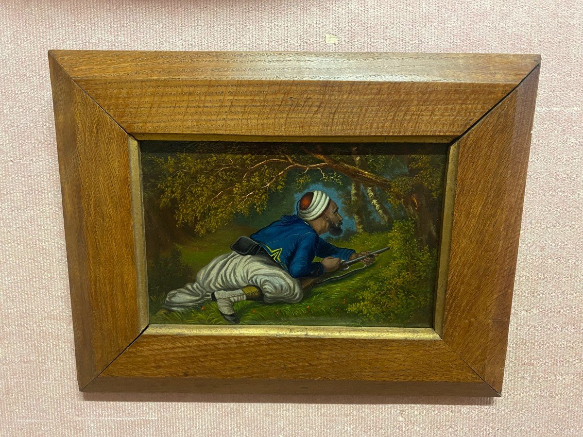 Oil On Panel, Oak Frame Representing A Souave In Ambush.-photo-2