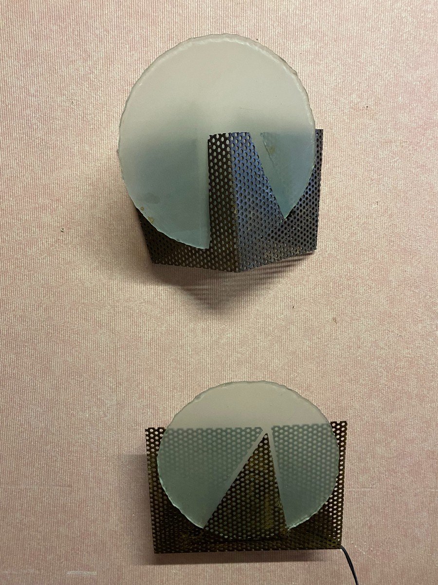 Pair Of Modernist Wall Lights In Metal And Glass