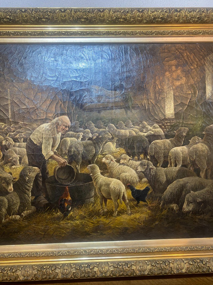 Grande huile sur toile représentant une bergerie-photo-1