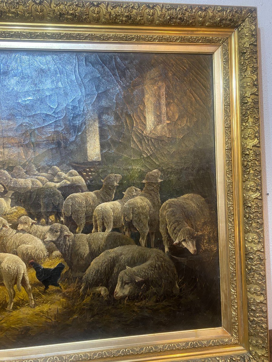 Grande huile sur toile représentant une bergerie-photo-2