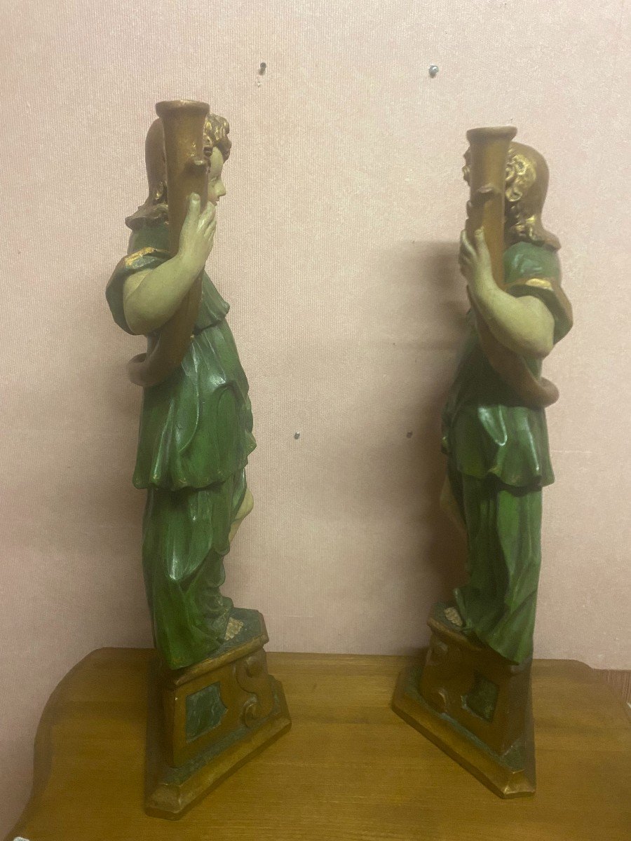 Pair Of Angels In Carved Wood, Gilded Wood And Polychrome Painting. XVIII-photo-2