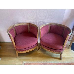 Pair Of Barrel Armchairs In Ash And Burgundy Velvet.