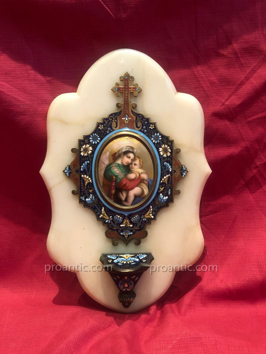 Benitier Enamels Cloisonne Virgin Al Child Era XIX Eme