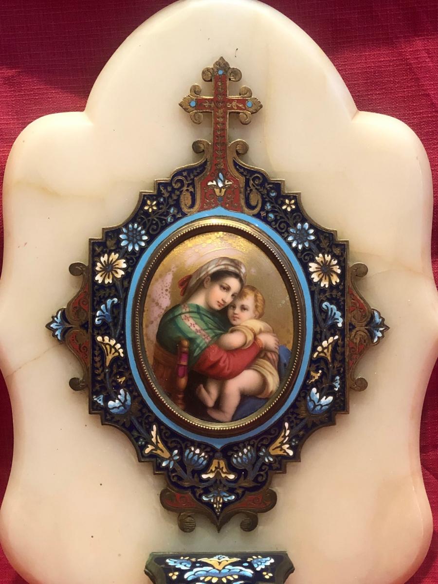 Benitier Enamels Cloisonne Virgin Al Child Era XIX Eme-photo-2