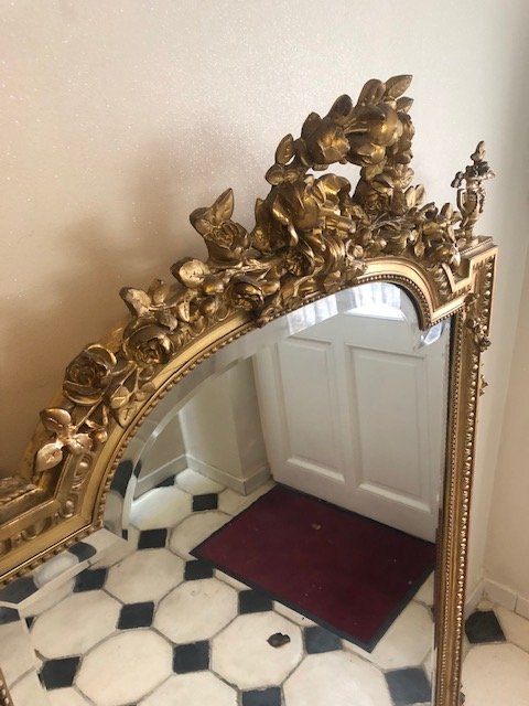 Large Fireplace Mirror In Wood And Golden Stucco, Napoleon III Period-photo-3