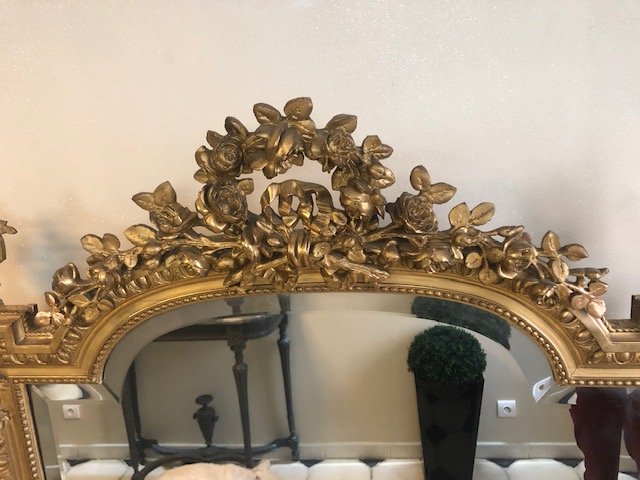 Large Fireplace Mirror In Wood And Golden Stucco, Napoleon III Period-photo-4