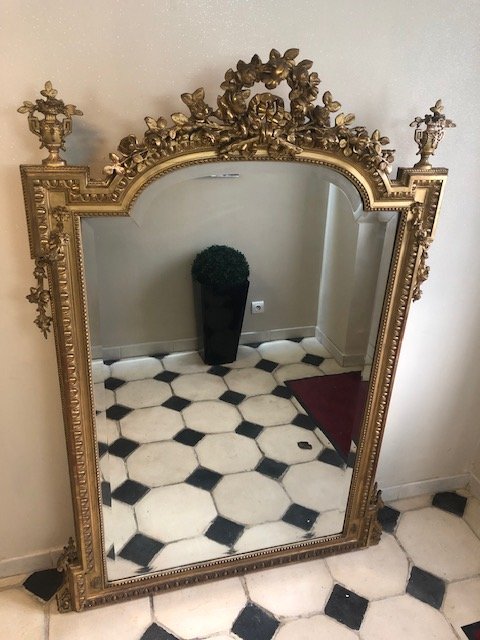 Large Fireplace Mirror In Wood And Golden Stucco, Napoleon III Period