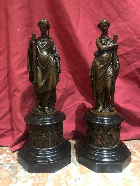 Pair Of Candlesticks Statue Bronze Allegoric XIX Eme