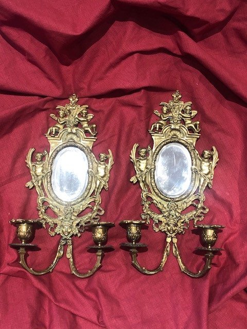 Pair Louis XVI Wall Lights 2 Bronze Mirror Lights Napoleon III XIX Eme