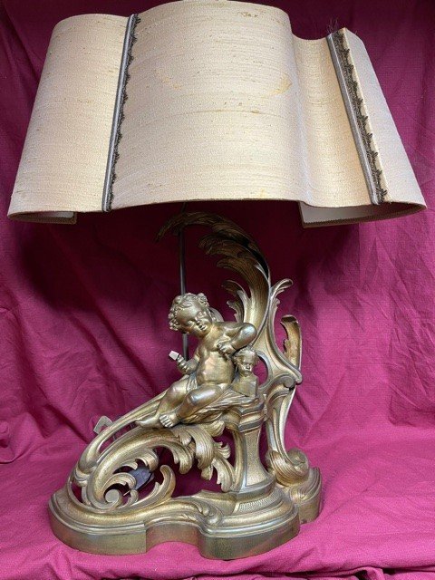 Grande Lampe Chenet De Style Louis XV Bronze Doré XIX ème