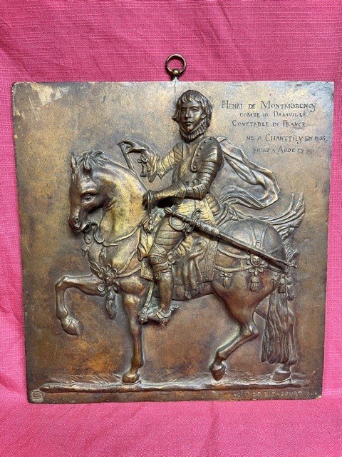 Bronze Plate Countess Valentine De Biencourt (1839-1929) Henri De Montmorency On Horseback