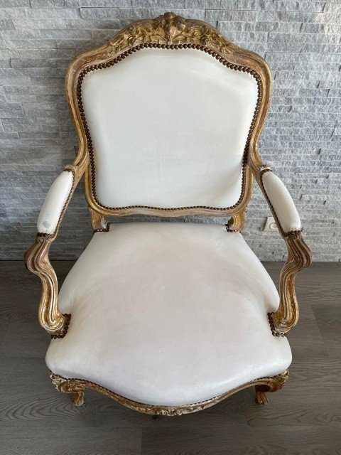 Fauteuil Cuir Blanc Louis XV Bois Doré XIX ème-photo-2