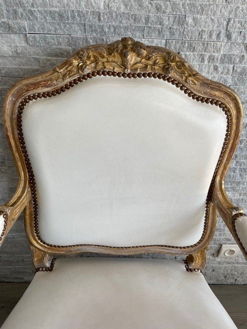 Fauteuil Cuir Blanc Louis XV Bois Doré XIX ème-photo-3