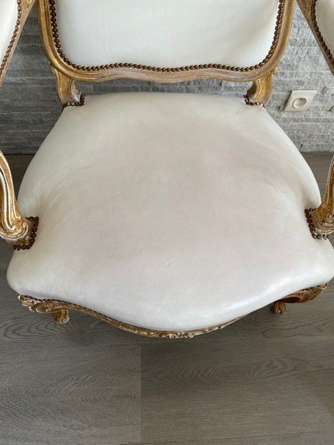 Fauteuil Cuir Blanc Louis XV Bois Doré XIX ème-photo-1