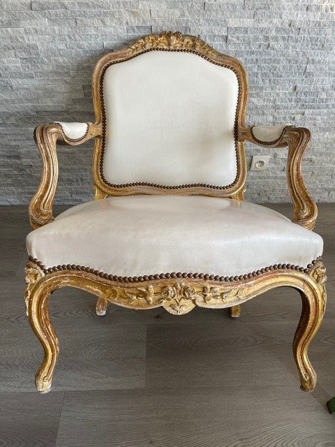 Fauteuil Cuir Blanc Louis XV Bois Doré XIX ème-photo-2