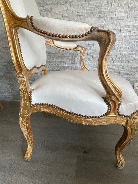 Fauteuil Cuir Blanc Louis XV Bois Doré XIX ème-photo-3