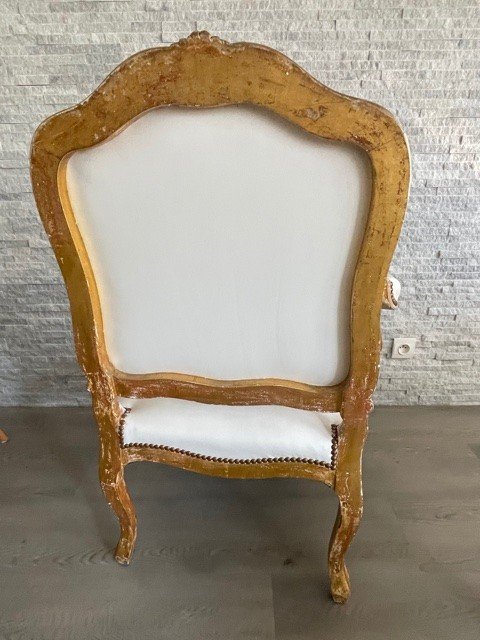 Fauteuil Cuir Blanc Louis XV Bois Doré XIX ème-photo-4