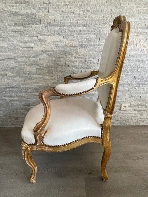 Fauteuil Cuir Blanc Louis XV Bois Doré XIX ème-photo-5