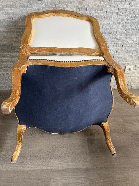 Fauteuil Cuir Blanc Louis XV Bois Doré XIX ème-photo-6