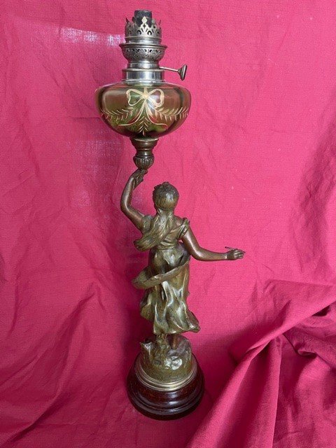 Oil Lamp Statue Nineteenth Enamelled Glass-photo-1